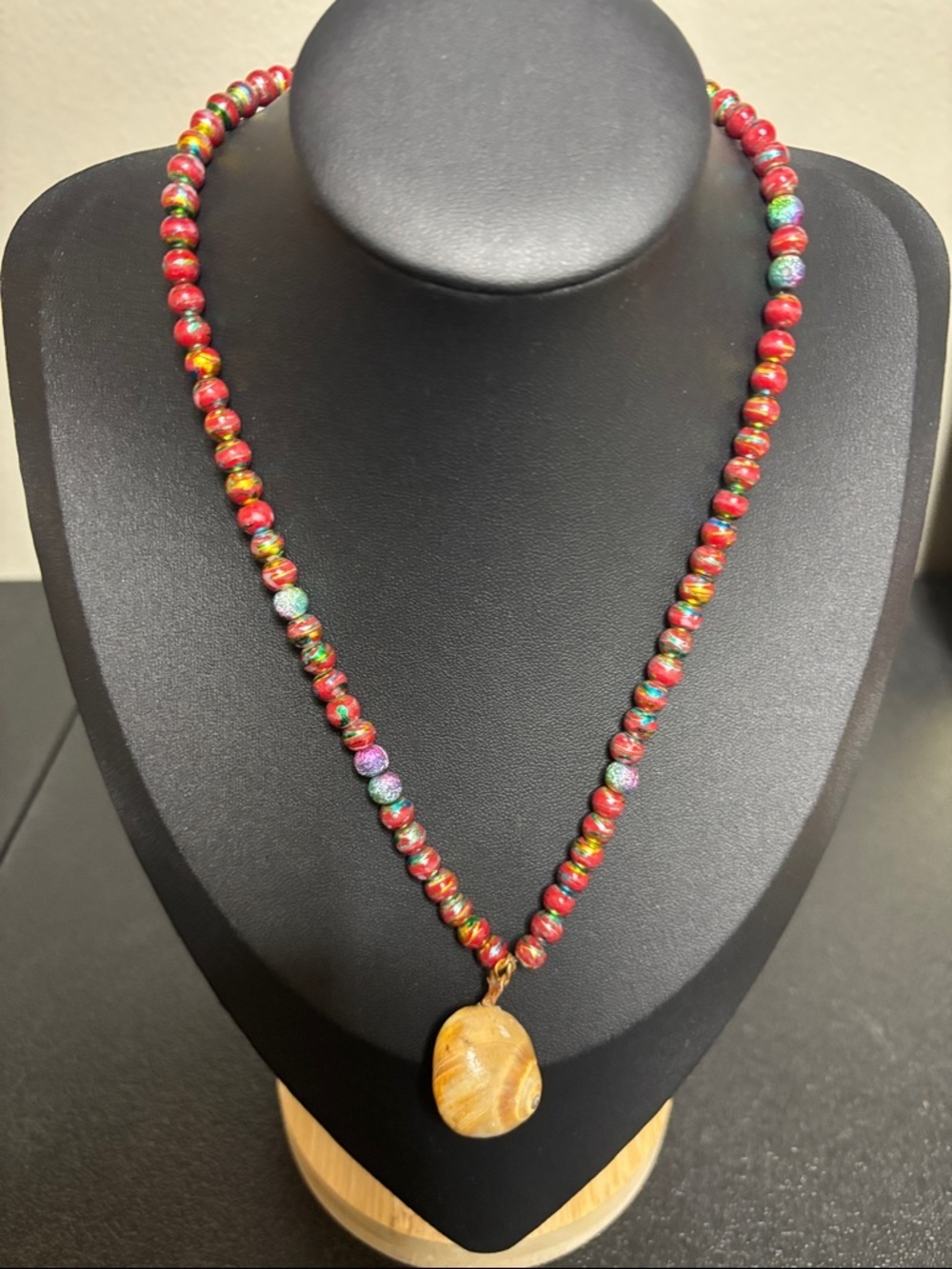 Handcrafted Red Multicolor Beaded Necklace with Natural Shell Pendant
